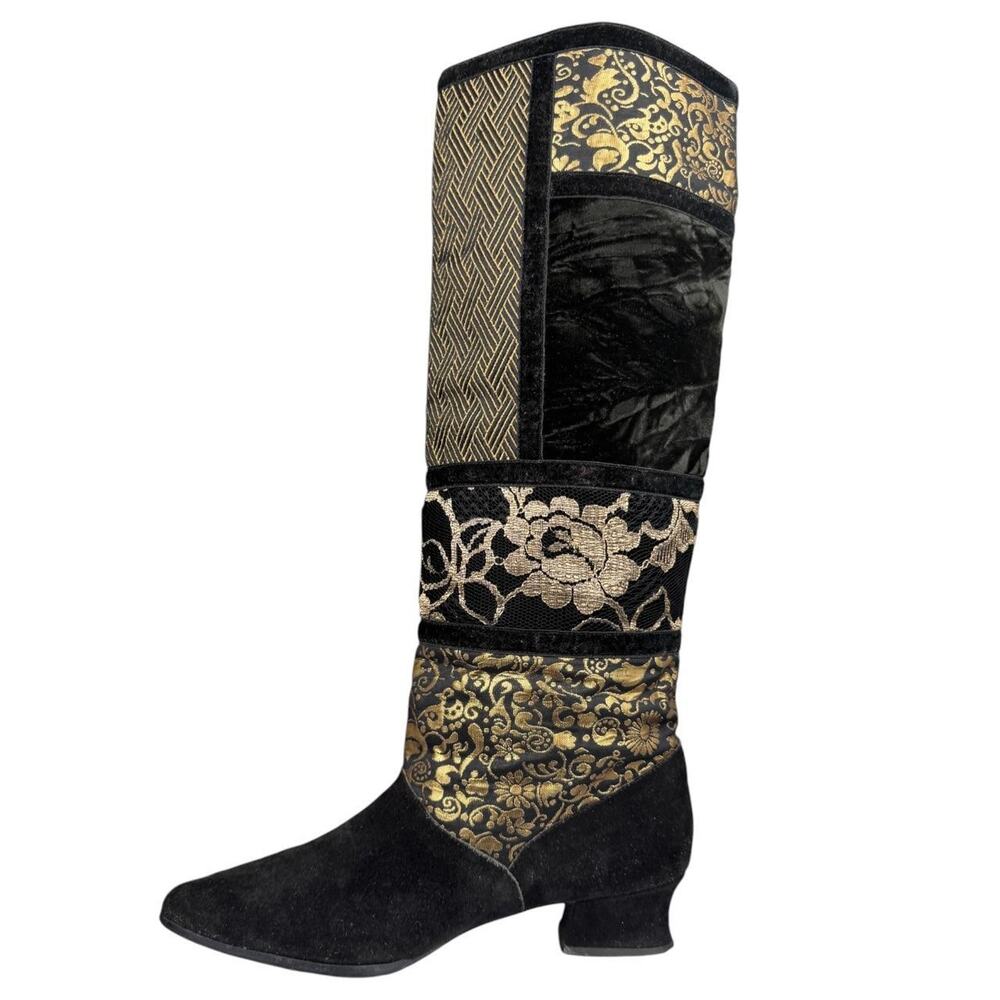 Vintage Black Suede & Gold Tapestry Knee-High Boots Velvet Brocade Statement 7B - Picture 4 of 8